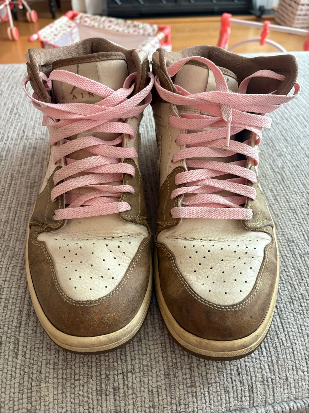 Women's Brown and White High-Top Sneakers with Pink Laces